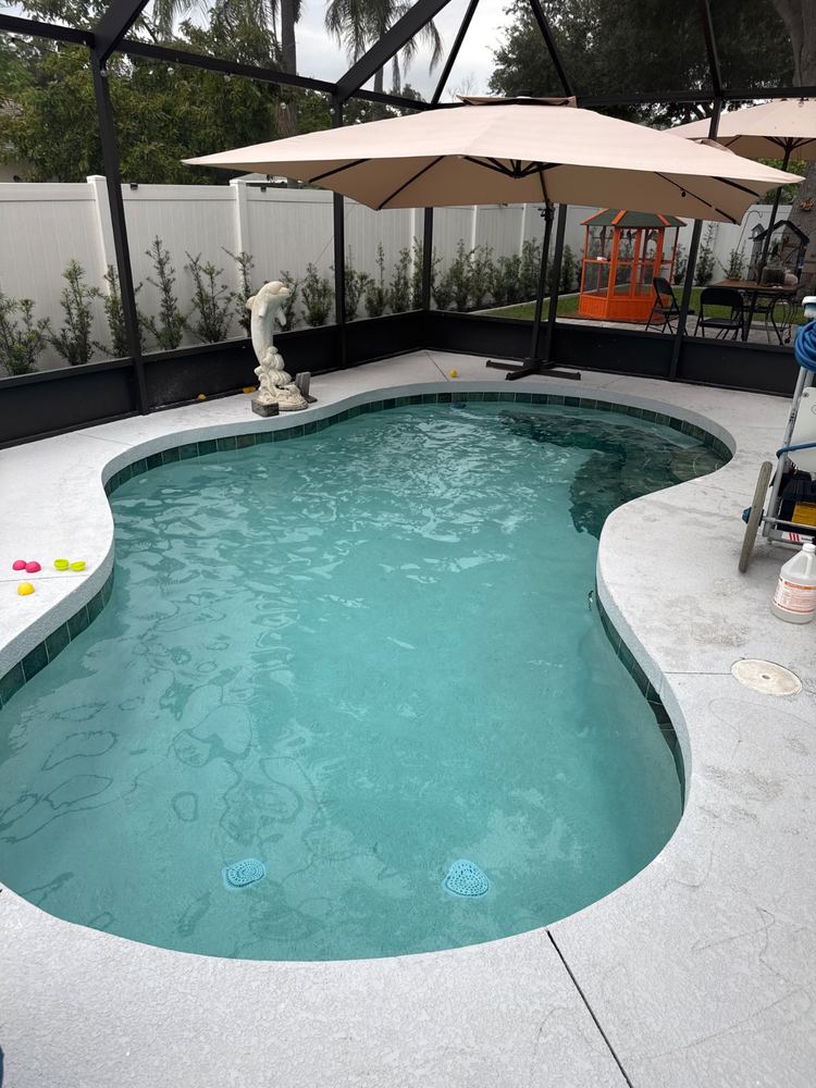 Freeform pool with clear water under a patio umbrella