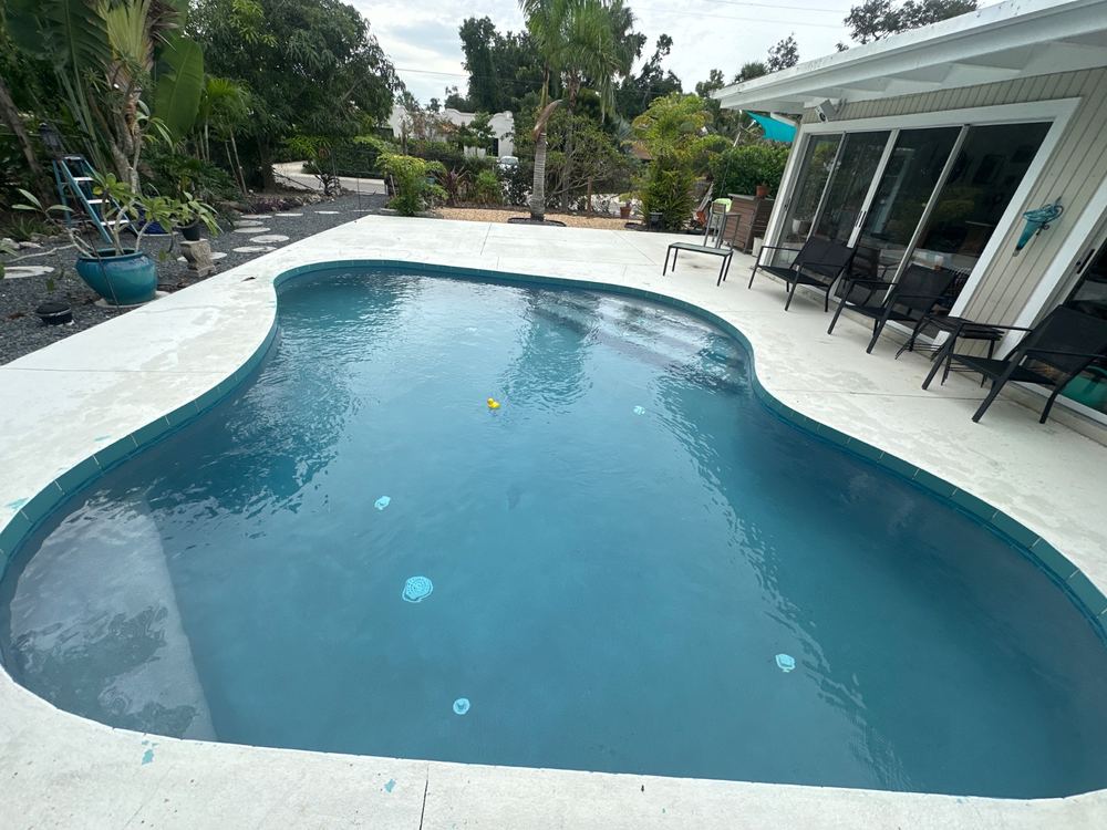 Freeform pool with deep blue water next to the house